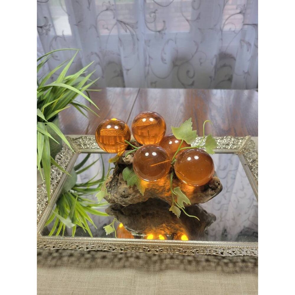 Vintage Lucite Orange Grapes Cluster, Driftwood Vine, MCM Autumn Decor